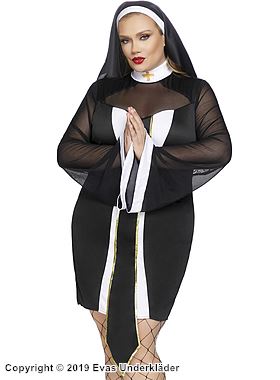 Nun, costume dress, sheer inlays, turtle neck, bell sleeves, XL to 4XL